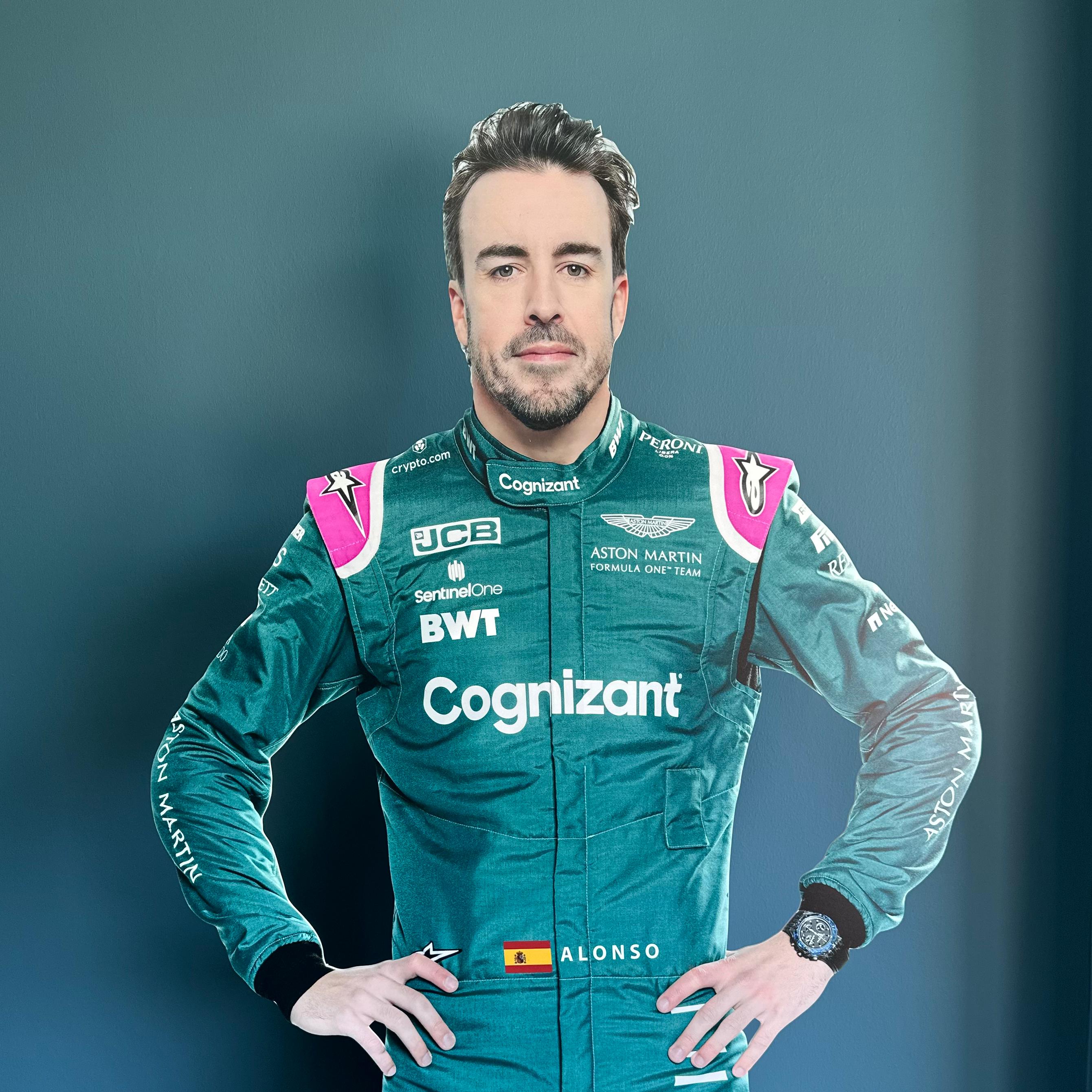 Modelo de cartón recortado de Fernando Alonso Díaz, modelo de piloto de Fórmula 1 de Alonso, piloto de carreras